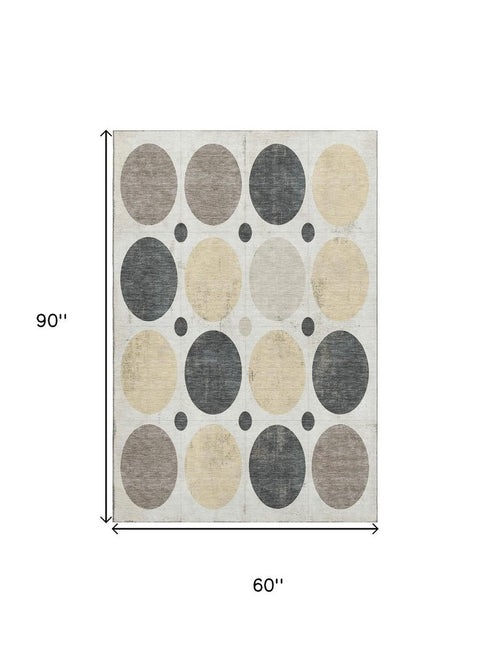 5' X 8' Ivory Charcoal And Beige Geometric Washable Area Rug With UV Protection