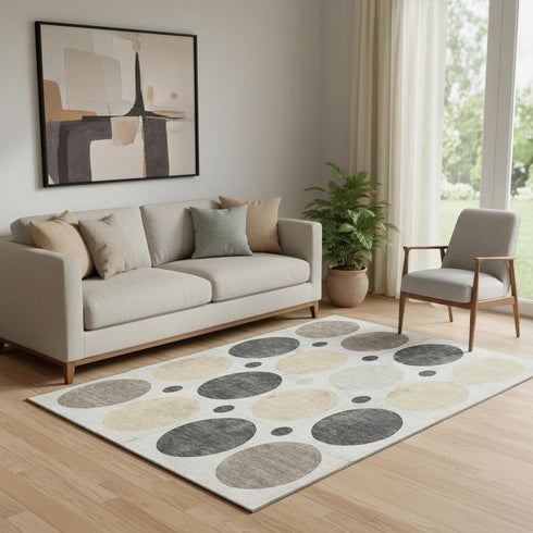5' X 8' Ivory Charcoal And Beige Geometric Washable Area Rug With UV Protection