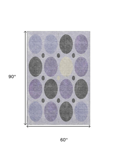5' X 8' Lavender Charcoal And Ivory Geometric Washable Area Rug With UV Protection