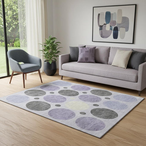 5' X 8' Lavender Charcoal And Ivory Geometric Washable Area Rug With UV Protection