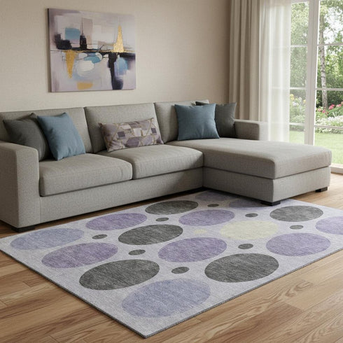 8' X 10' Lavender Charcoal And Ivory Geometric Washable Area Rug With UV Protection