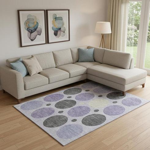 9' X 12' Lavender Charcoal And Ivory Geometric Washable Area Rug With UV Protection