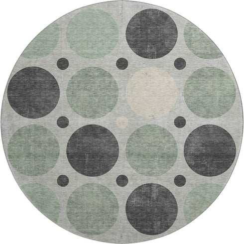 8' Sage Charcoal And Ivory Geometric Washable Round Rug With UV Protection