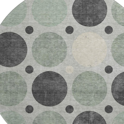 8' Sage Charcoal And Ivory Geometric Washable Round Rug With UV Protection