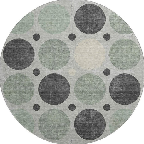 8' Sage Charcoal And Ivory Geometric Washable Round Rug With UV Protection