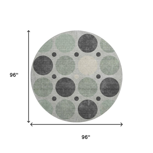 8' Sage Charcoal And Ivory Geometric Washable Round Rug With UV Protection