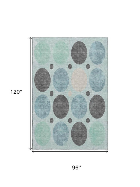 8' X 10' Teal Charcoal And Beige Geometric Washable Area Rug With UV Protection