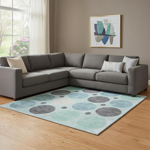 8' X 10' Teal Charcoal And Beige Geometric Washable Area Rug With UV Protection