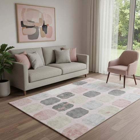 5' X 8' Blush Charcoal And Ivory Geometric Washable Area Rug With UV Protection