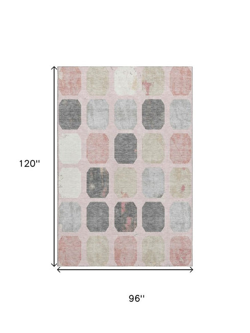 8' X 10' Blush Charcoal And Ivory Geometric Washable Area Rug With UV Protection