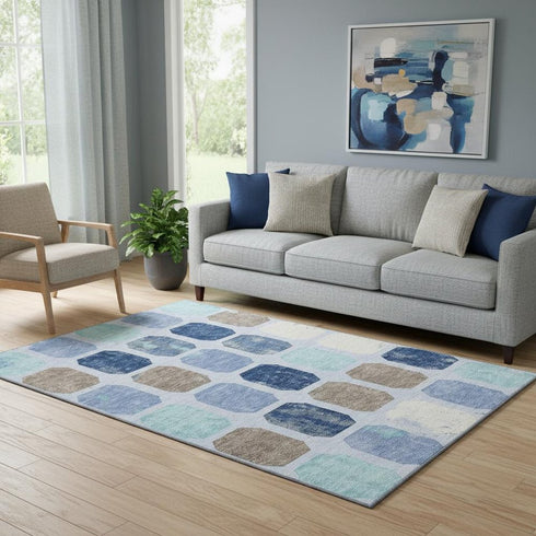 5' X 8' Denim Blue Brown And Teal Geometric Washable Area Rug With UV Protection