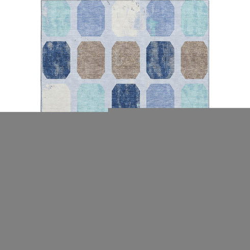 5' X 8' Denim Blue Brown And Teal Geometric Washable Area Rug With UV Protection