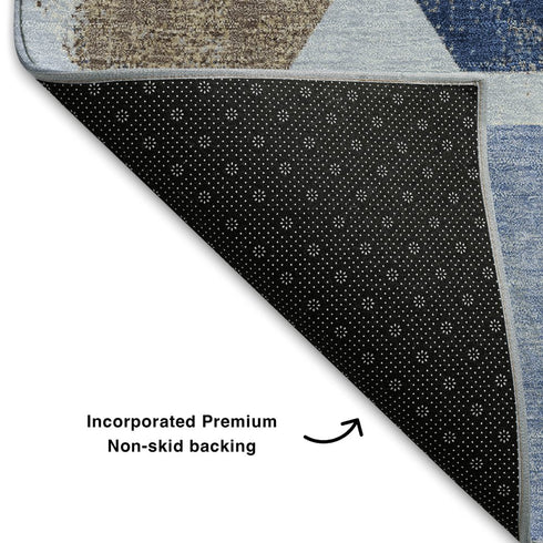 5' X 8' Denim Blue Brown And Teal Geometric Washable Area Rug With UV Protection