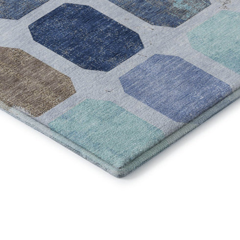 5' X 8' Denim Blue Brown And Teal Geometric Washable Area Rug With UV Protection