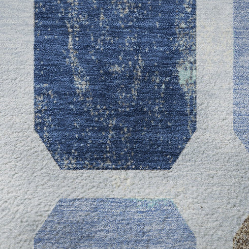 5' X 8' Denim Blue Brown And Teal Geometric Washable Area Rug With UV Protection