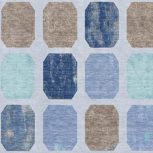 5' X 8' Denim Blue Brown And Teal Geometric Washable Area Rug With UV Protection
