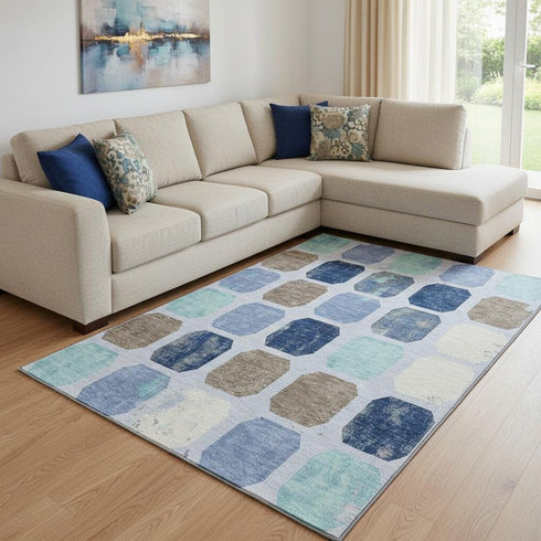 8' X 10' Denim Blue Brown And Teal Geometric Washable Area Rug With UV Protection