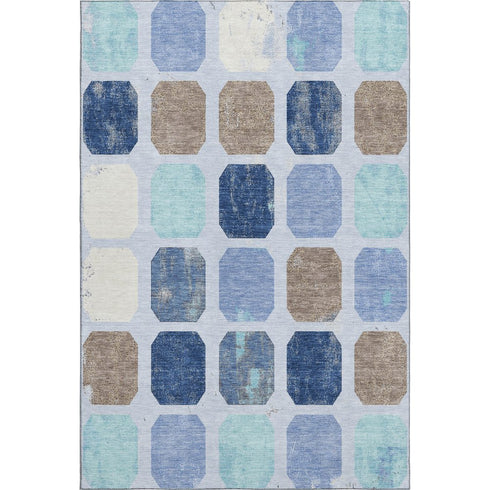8' X 10' Denim Blue Brown And Teal Geometric Washable Area Rug With UV Protection