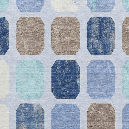 8' X 10' Denim Blue Brown And Teal Geometric Washable Area Rug With UV Protection