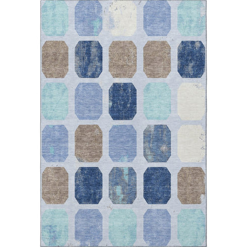 8' X 10' Denim Blue Brown And Teal Geometric Washable Area Rug With UV Protection