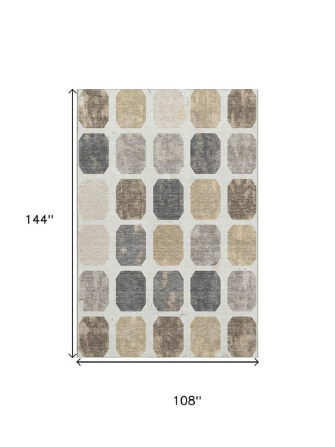 9' X 12' Ivory Beige And Gray Geometric Washable Area Rug With UV Protection