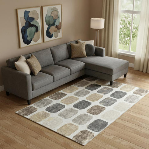 9' X 12' Ivory Beige And Gray Geometric Washable Area Rug With UV Protection