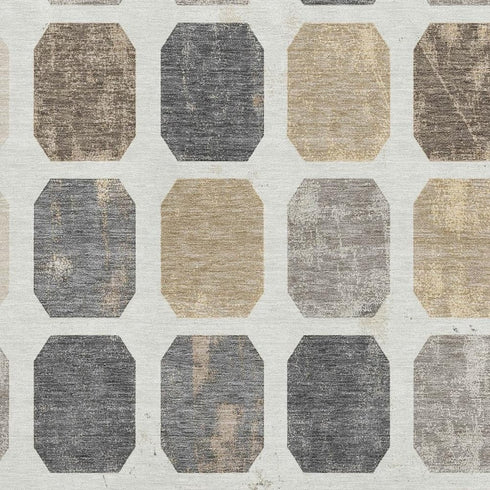 9' X 12' Ivory Beige And Gray Geometric Washable Area Rug With UV Protection