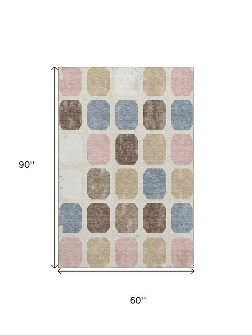5' X 8' Linen Ivory And Brown Geometric Washable Area Rug With UV Protection