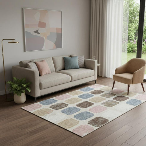 5' X 8' Linen Ivory And Brown Geometric Washable Area Rug With UV Protection