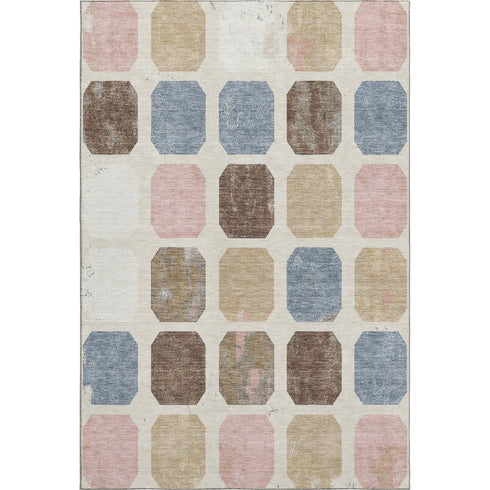 5' X 8' Linen Ivory And Brown Geometric Washable Area Rug With UV Protection