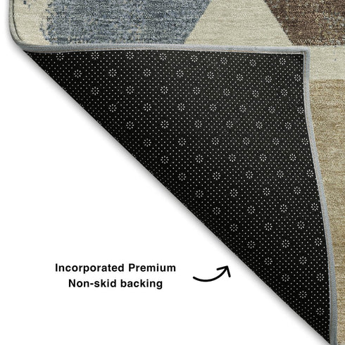 5' X 8' Linen Ivory And Brown Geometric Washable Area Rug With UV Protection
