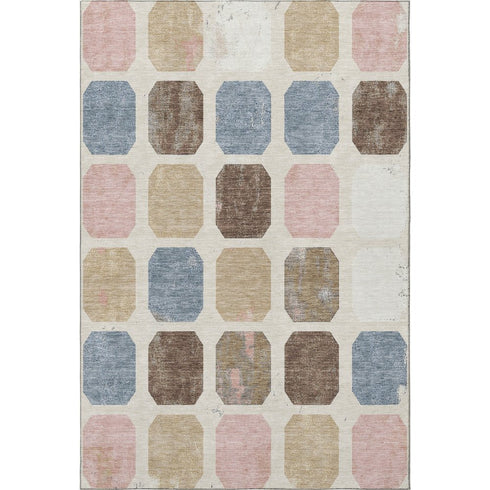 5' X 8' Linen Ivory And Brown Geometric Washable Area Rug With UV Protection