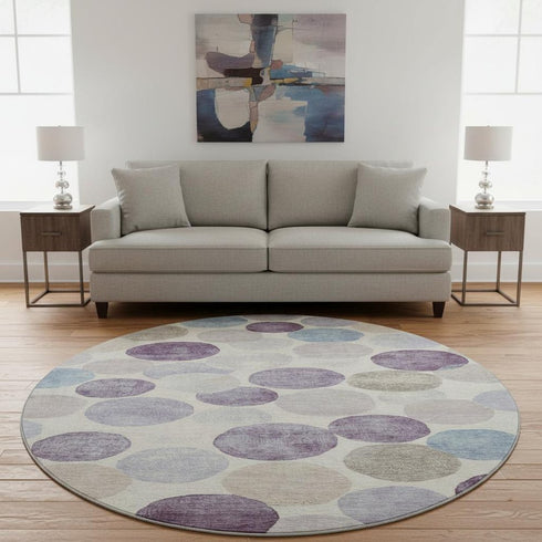 8' Plum Beige And Blue Geometric Washable Round Rug With UV Protection