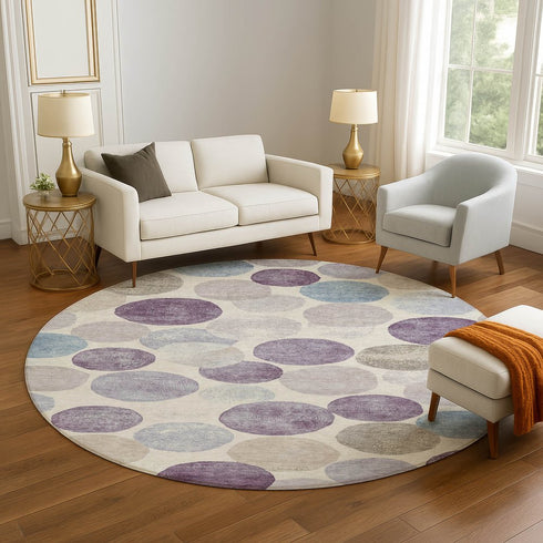 8' Plum Beige And Blue Geometric Washable Round Rug With UV Protection