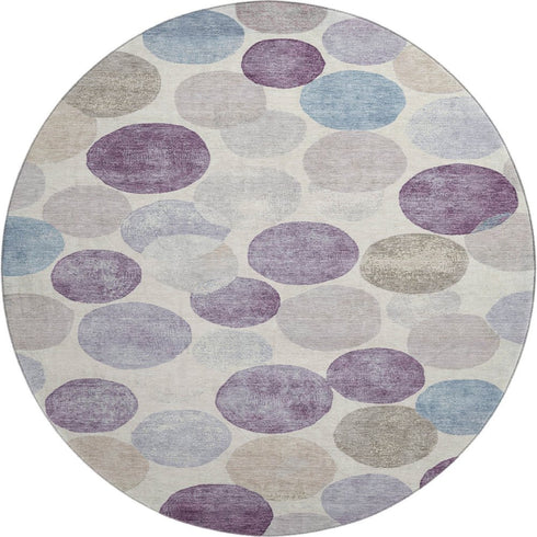 8' Plum Beige And Blue Geometric Washable Round Rug With UV Protection