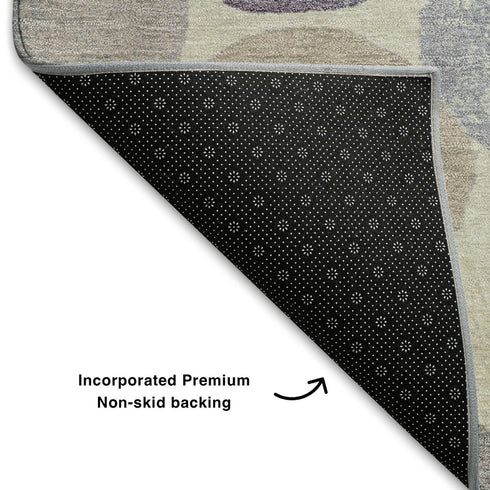8' Plum Beige And Blue Geometric Washable Round Rug With UV Protection