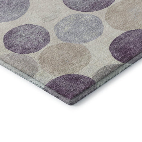 8' Plum Beige And Blue Geometric Washable Round Rug With UV Protection