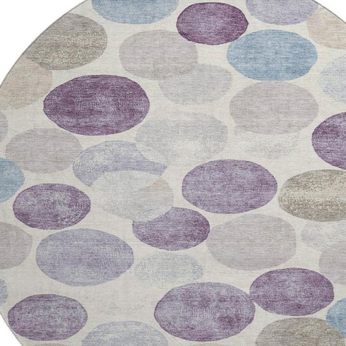 8' Plum Beige And Blue Geometric Washable Round Rug With UV Protection