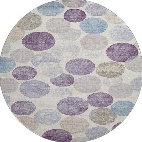 8' Plum Beige And Blue Geometric Washable Round Rug With UV Protection