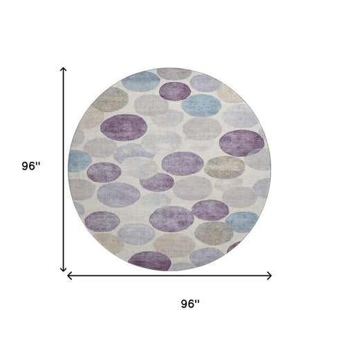 8' Plum Beige And Blue Geometric Washable Round Rug With UV Protection
