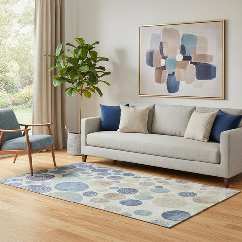 5' X 8' Navy Blue Ivory And Taupe Geometric Washable Area Rug With UV Protection