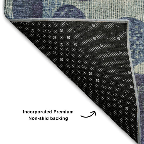 8' X 10' Navy Blue Ivory And Taupe Geometric Washable Area Rug With UV Protection