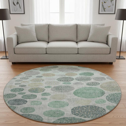 8' Sage Beige And Tan Geometric Washable Round Rug With UV Protection