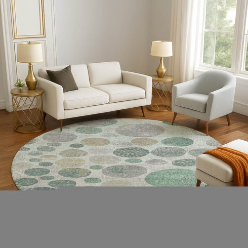 8' Sage Beige And Tan Geometric Washable Round Rug With UV Protection