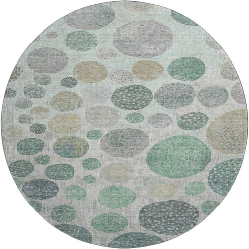 8' Sage Beige And Tan Geometric Washable Round Rug With UV Protection
