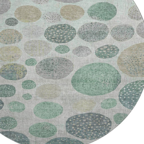 8' Sage Beige And Tan Geometric Washable Round Rug With UV Protection