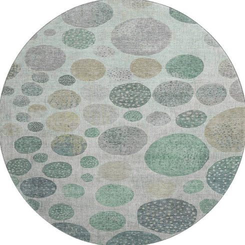 8' Sage Beige And Tan Geometric Washable Round Rug With UV Protection
