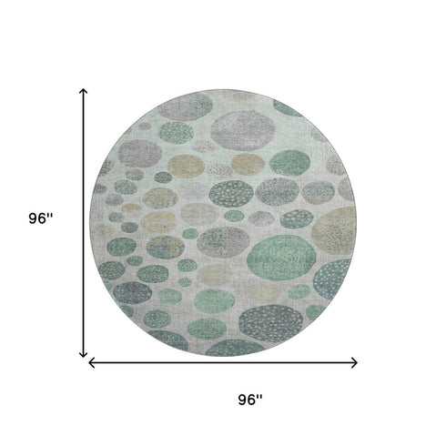 8' Sage Beige And Tan Geometric Washable Round Rug With UV Protection