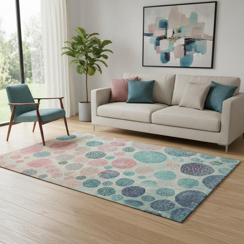 5' X 8' Teal Pink And Beige Geometric Washable Area Rug With UV Protection
