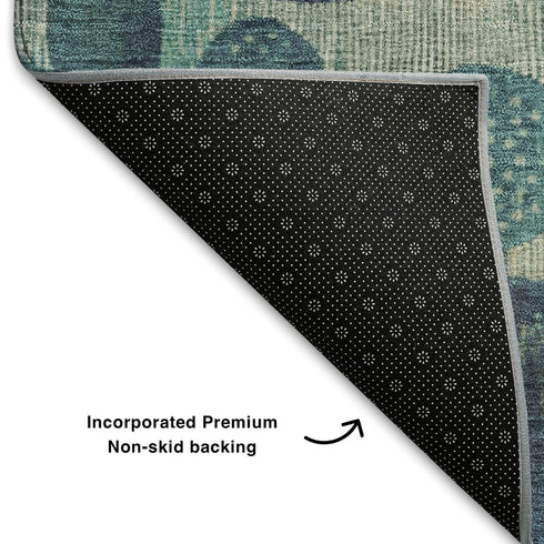 5' X 8' Teal Pink And Beige Geometric Washable Area Rug With UV Protection